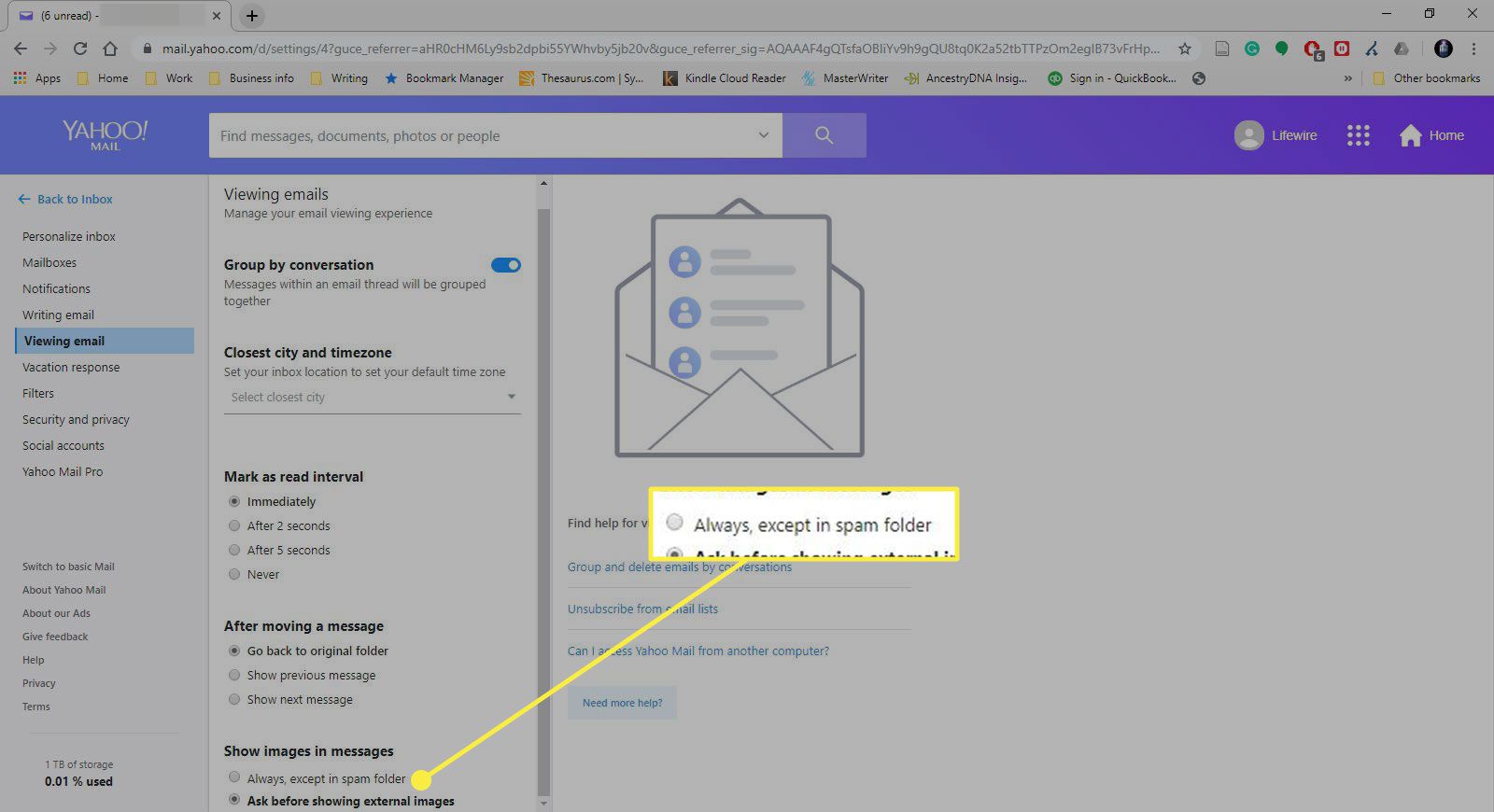 Nastavení Yahoo Mail se zvýrazněným „Vždy, kromě složky se spamem“