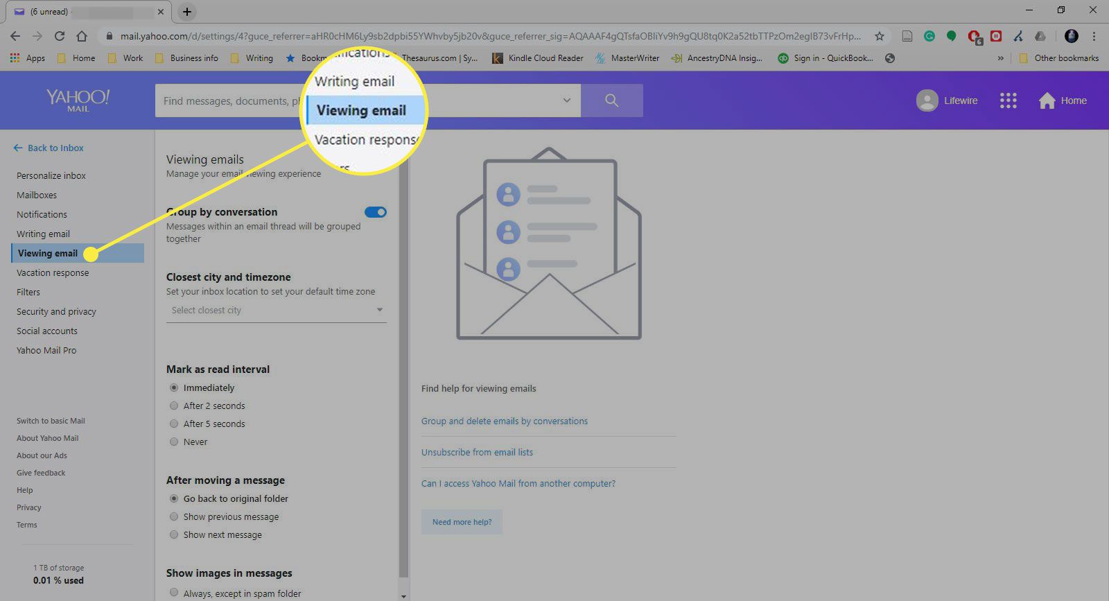 Nastavení Yahoo Mail se zvýrazněným nadpisem Zobrazení e-mailu