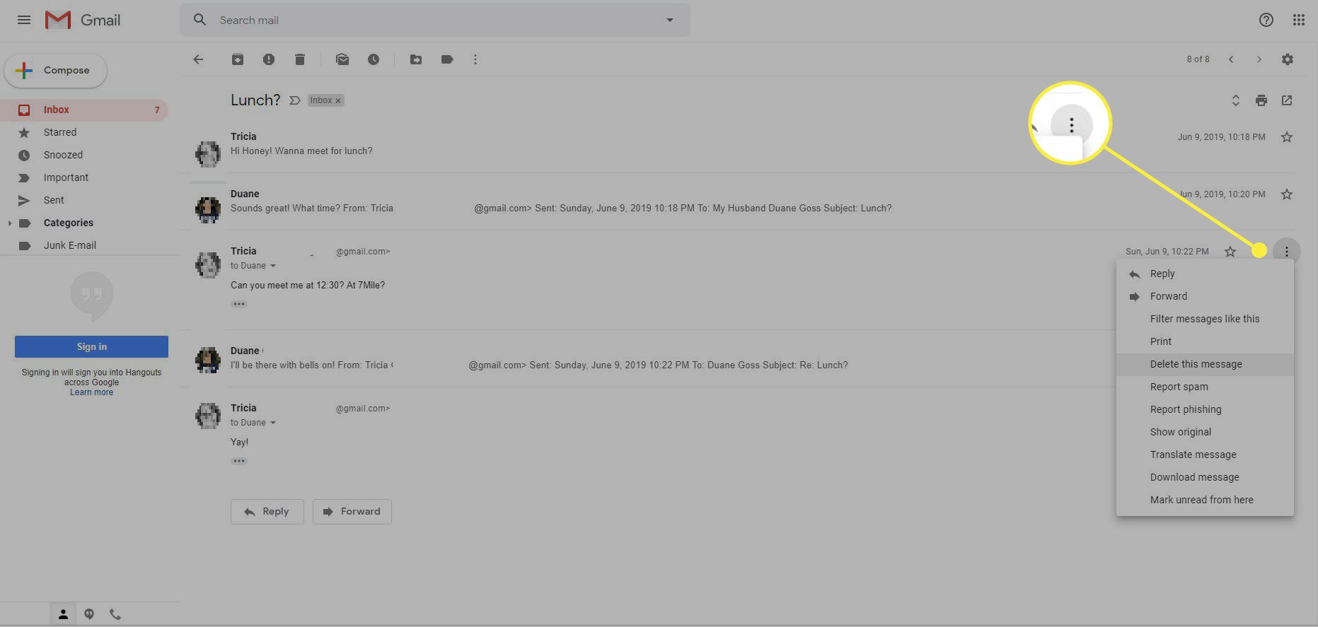Snímek obrazovky Gmailu se zvýrazněným tlačítkem nabídky Další možnosti