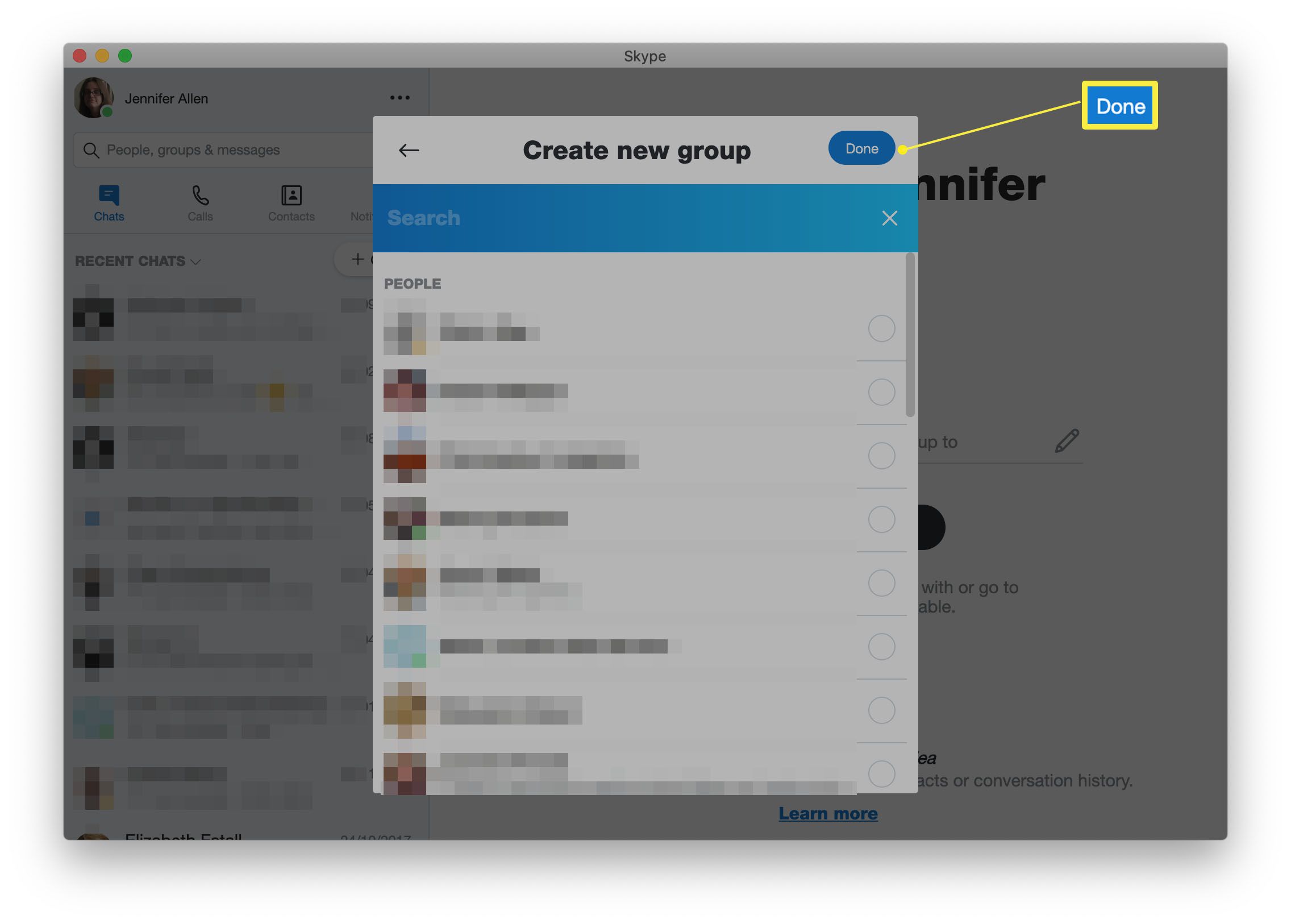 Skype s vytvořením nových možností skupiny a zvýrazněním Hotovo