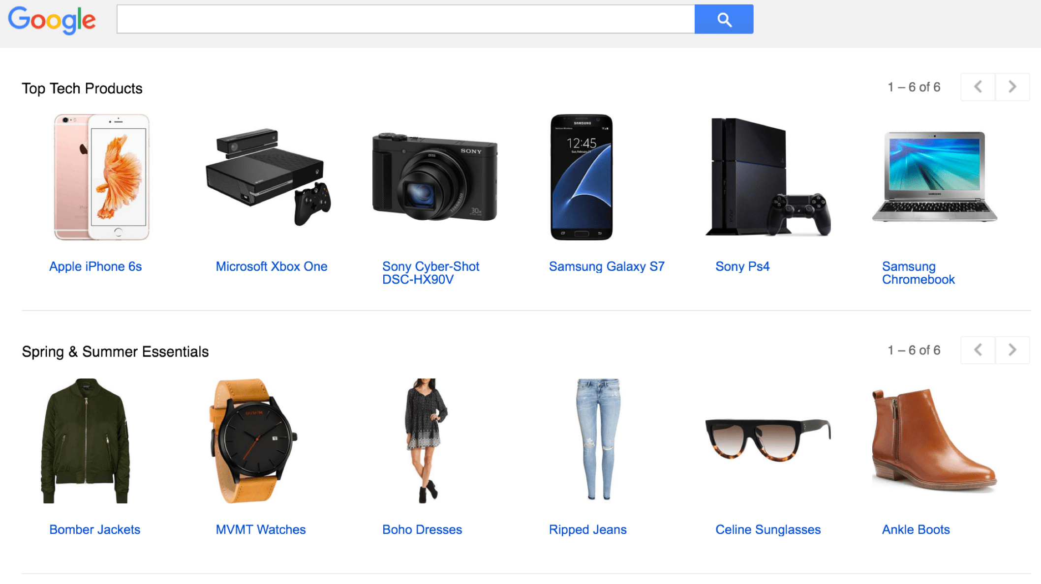 Snímek obrazovky vyhledávací stránky Nákupů Google