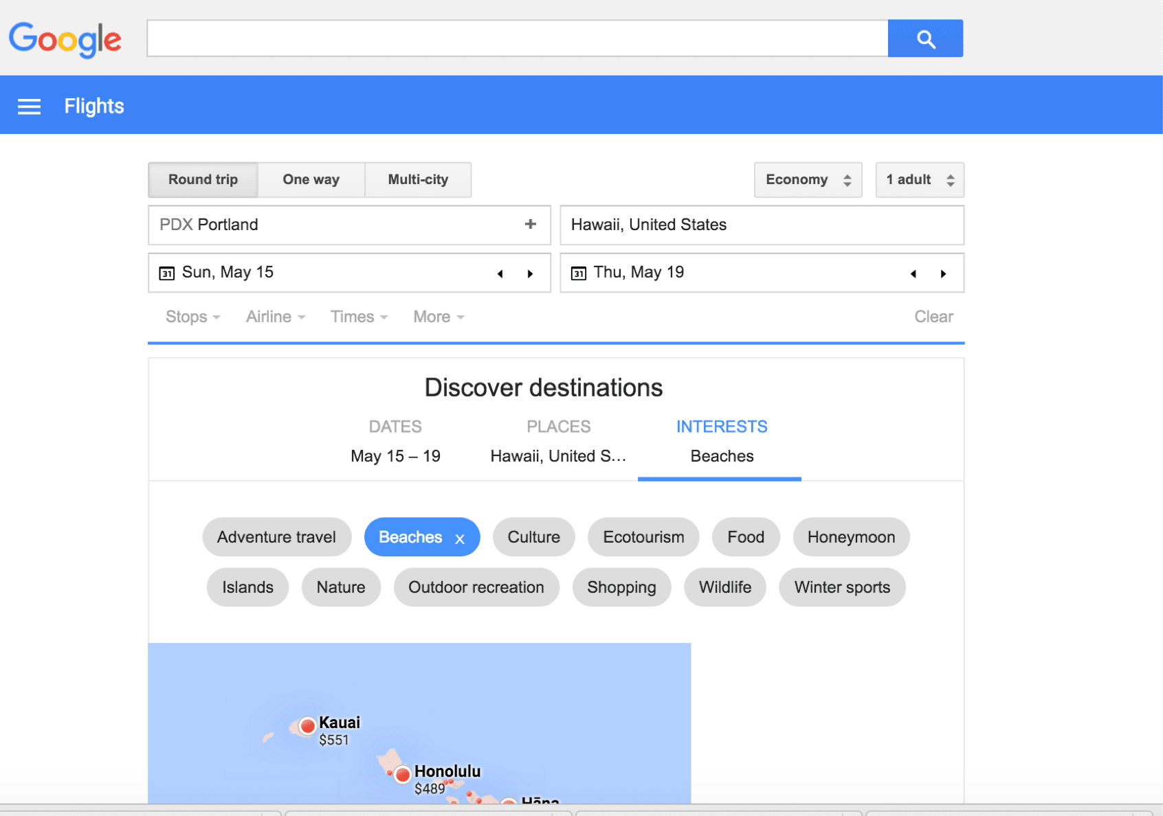 Ukázkový snímek obrazovky Vyhledávání letů Google