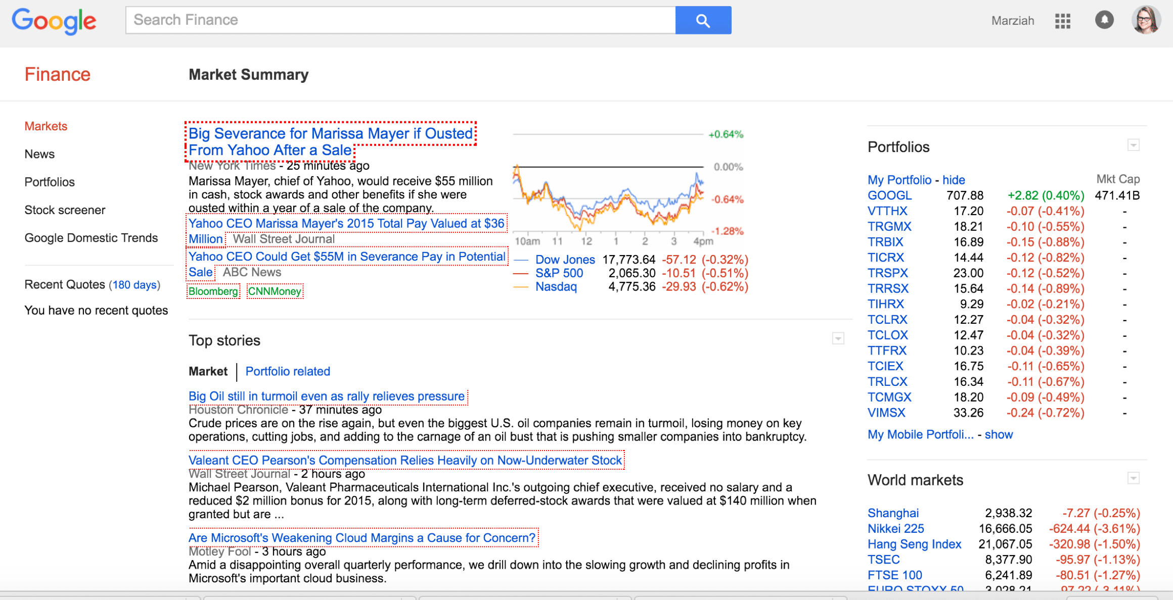 Ukázkový snímek obrazovky vyhledávání Google Finance
