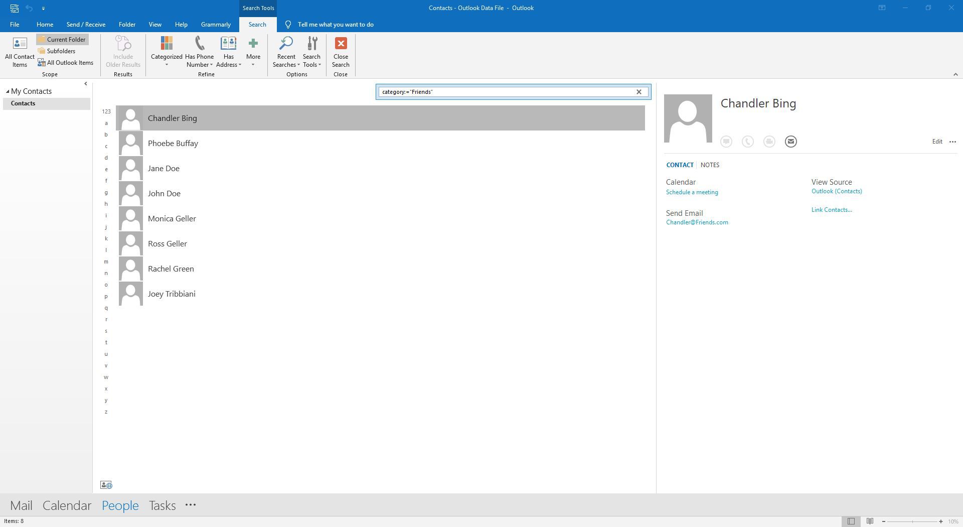 Hledání kategorie přátel v Outlooku