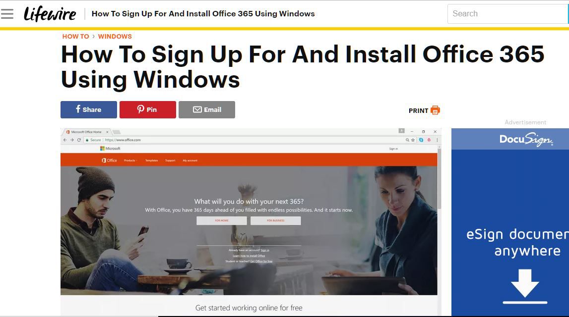 Snímek obrazovky článku Lifewire Jak se zaregistrovat a nainstalovat Office 365 pomocí Windows.