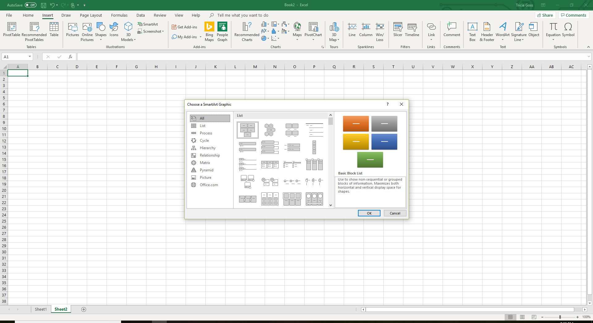 Vyberte okno SmartArt Graphic v aplikaci Excel