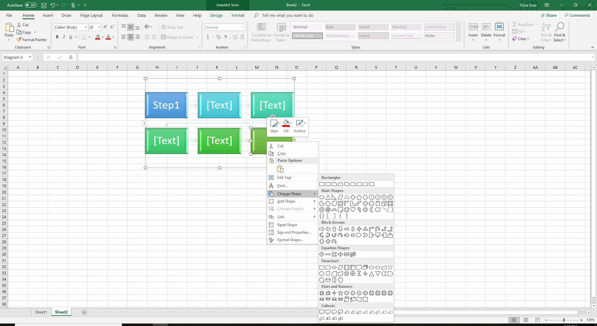 Změňte tvar ve vývojovém diagramu aplikace Excel