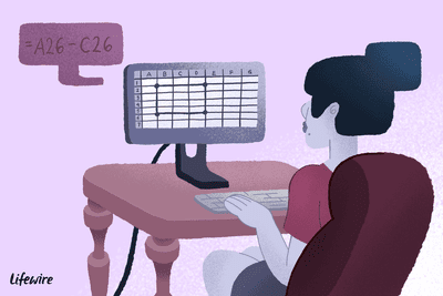Ilustrace ženy používající aplikaci Excel na stolním počítači se zvýrazněnou značkou „A26-C26“