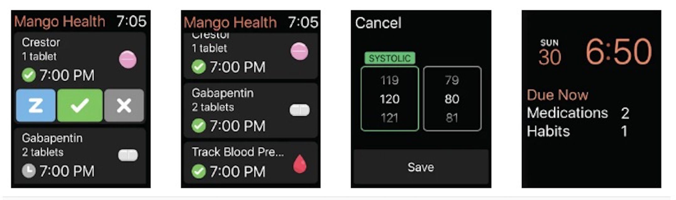 Aplikace pro připomenutí léků na zdraví Mango pro Apple Watch
