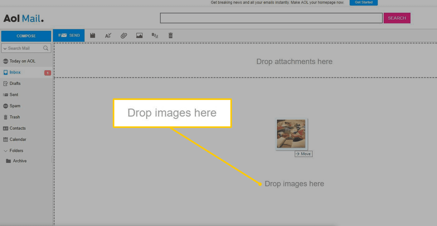 Sem přetáhněte obrázky v AOL Mail