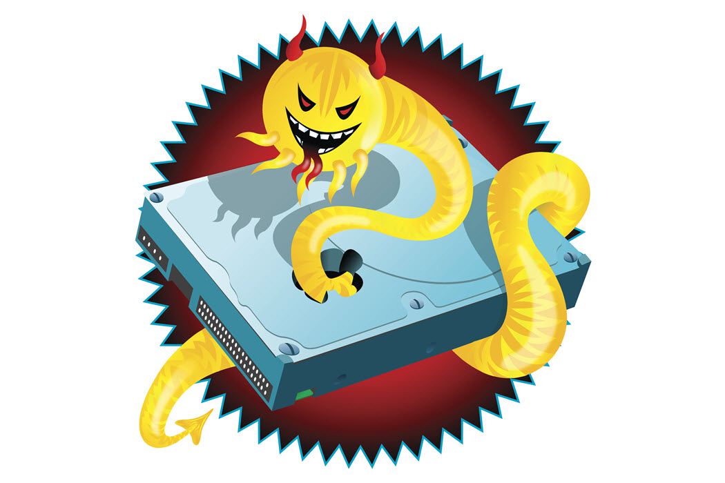 Ilustrace ničivého počítačového červa, což je syntaktický kybernetický útok.