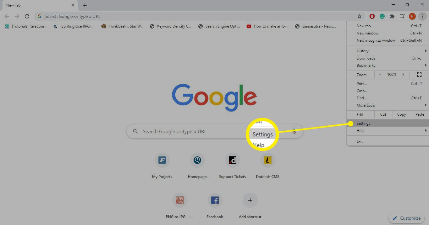 Vyberte tři tečky v pravém horním rohu prohlížeče Google Chrome a v rozevírací nabídce vyberte možnost Nastavení.