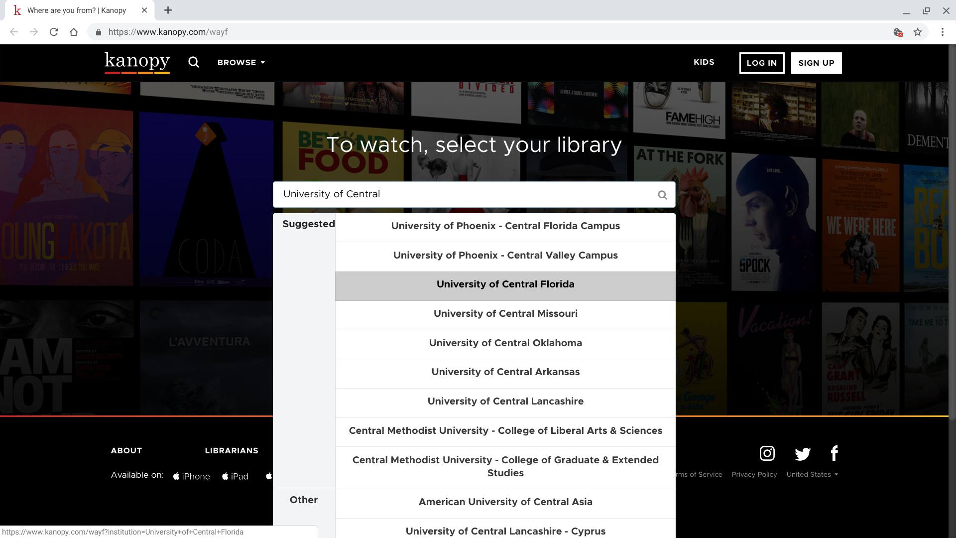 Screenshot stránky pro vyhledávání v knihovně Kanopy.com, která zobrazuje vyhledávání „University of Central“ s několika „doporučenými“ knihovnami uvedenými spolu s několika „dalšími“ knihovnami.