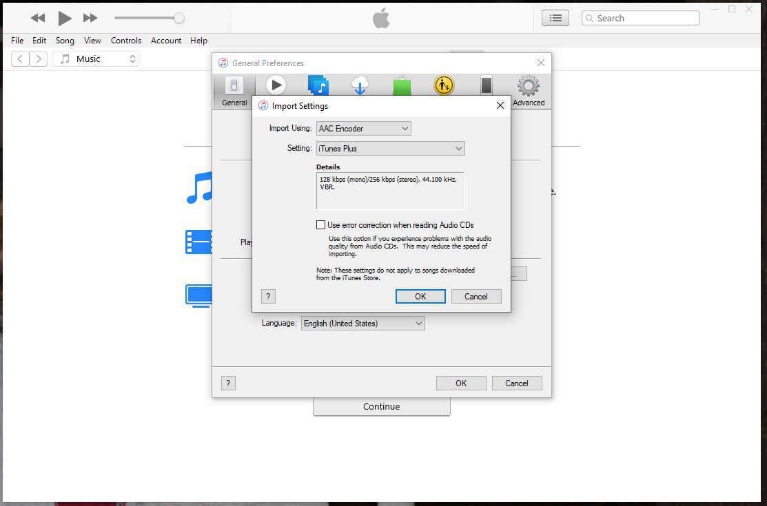 Nastavení importu iTunes.