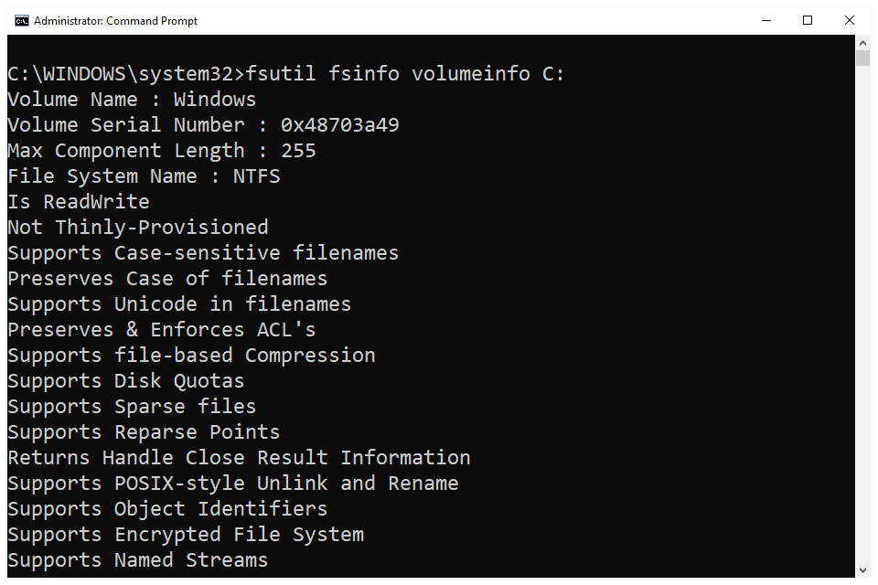 Příkaz fsutil fsinfo volumeinfo v příkazovém řádku systému Windows 10