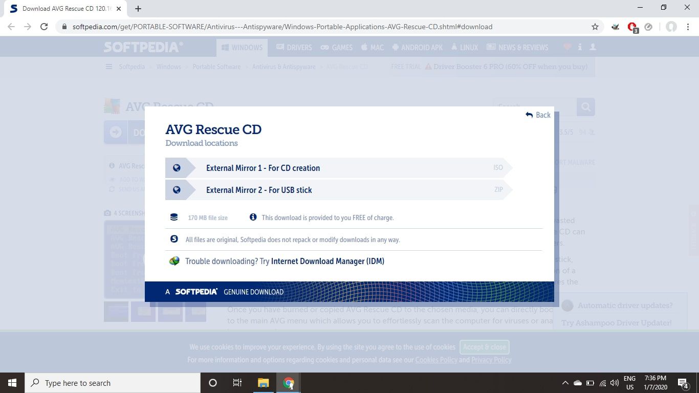Na pracovním počítači si stáhněte software AVG Rescue CD