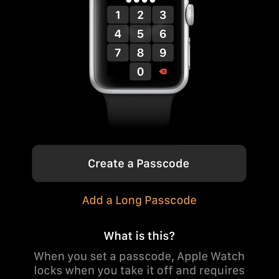 Snímek obrazovky s vytvořením hesla pro Apple Watch