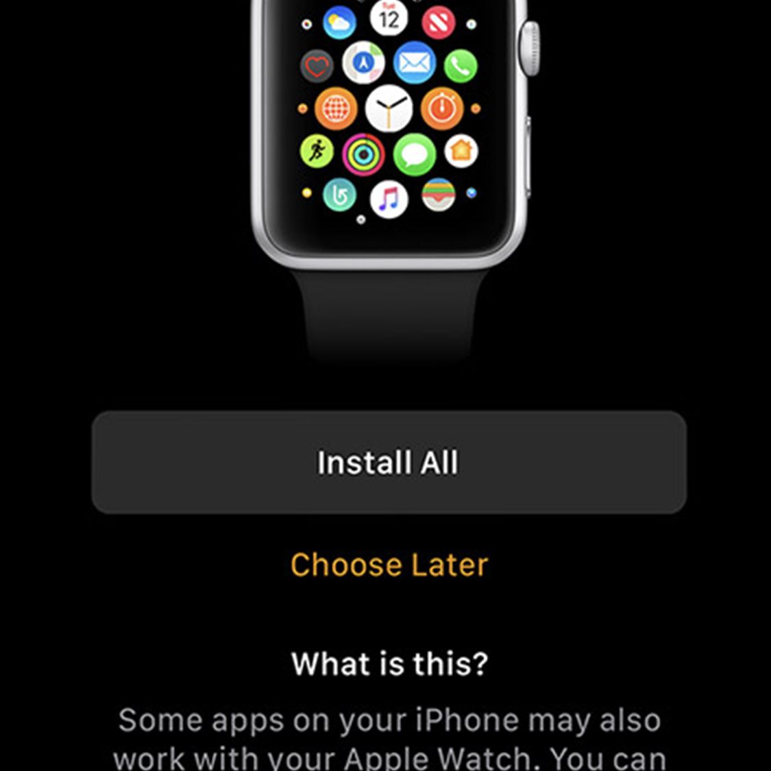 Obrazovka nabízející možnosti instalace aplikací na Apple Watch