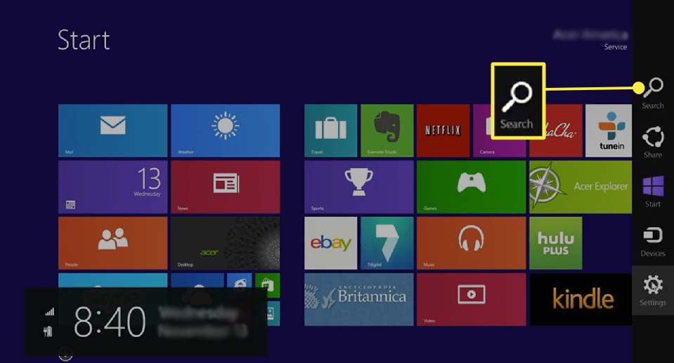 Přístup k vyhledávacímu panelu v systému Windows 8.1.