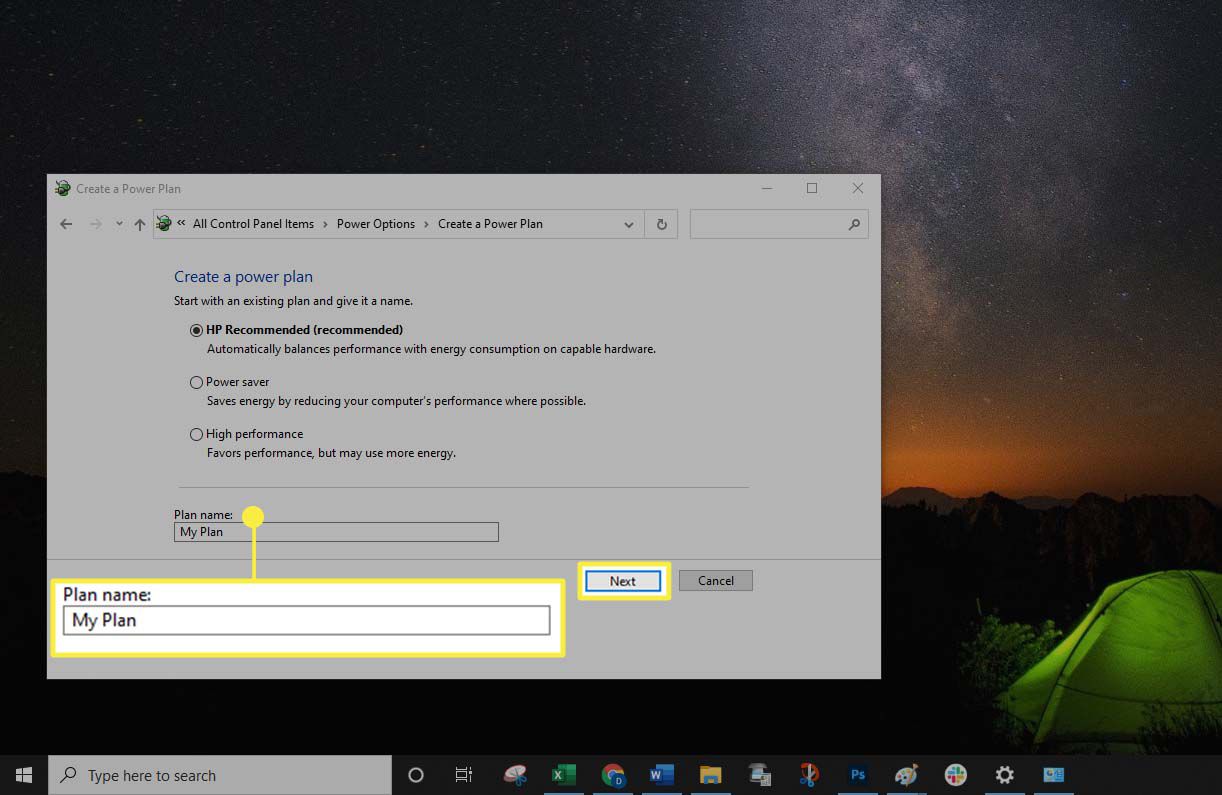 Windows 10 - Vytvoření názvu plánu napájení.