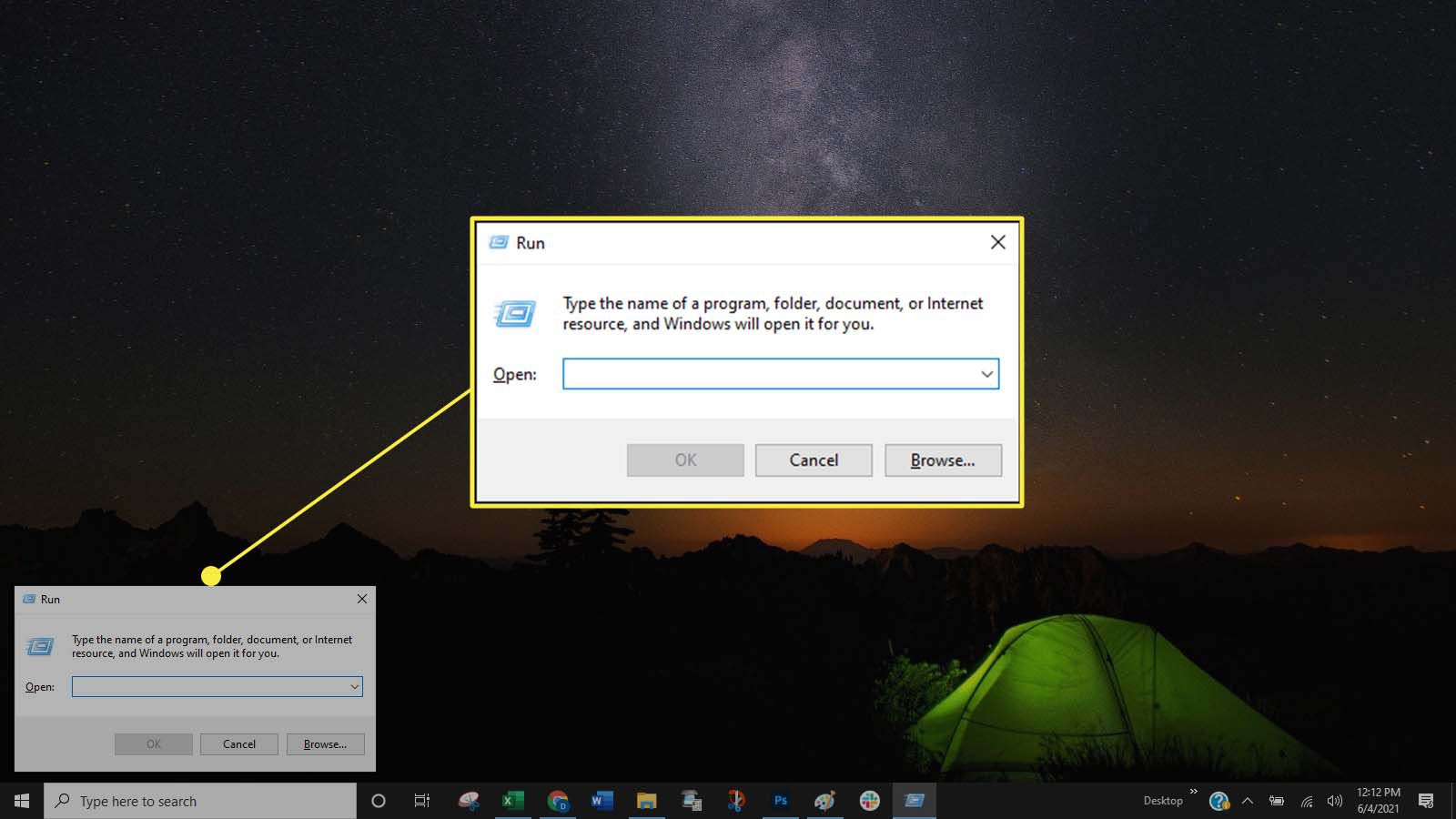 Spustit dialogové okno ve Windows 10.