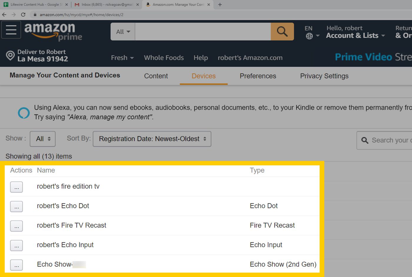 Zařízení a obsah webového prohlížeče Amazon - seznam zařízení