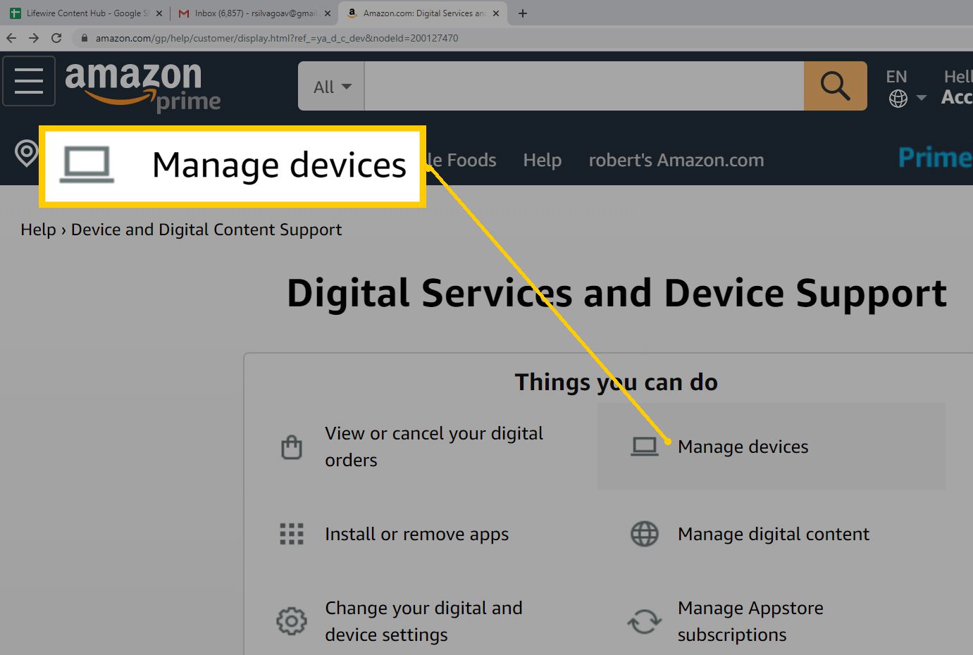 Zařízení a obsah webového prohlížeče Amazon - správa zařízení