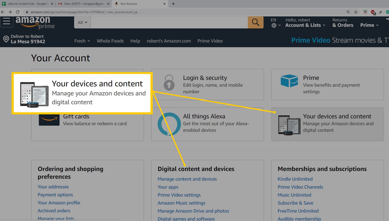Domovská stránka účtu webového prohlížeče Amazon - vyberte obsah a zařízení