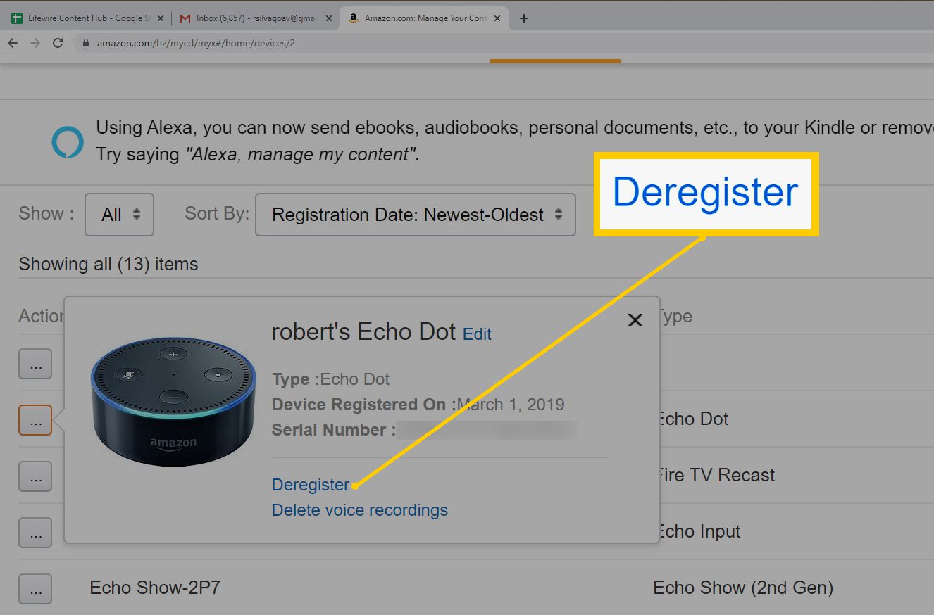 Zařízení a obsah webového prohlížeče Amazon - Vyberte zařízení, které chcete odhlásit ze seznamu
