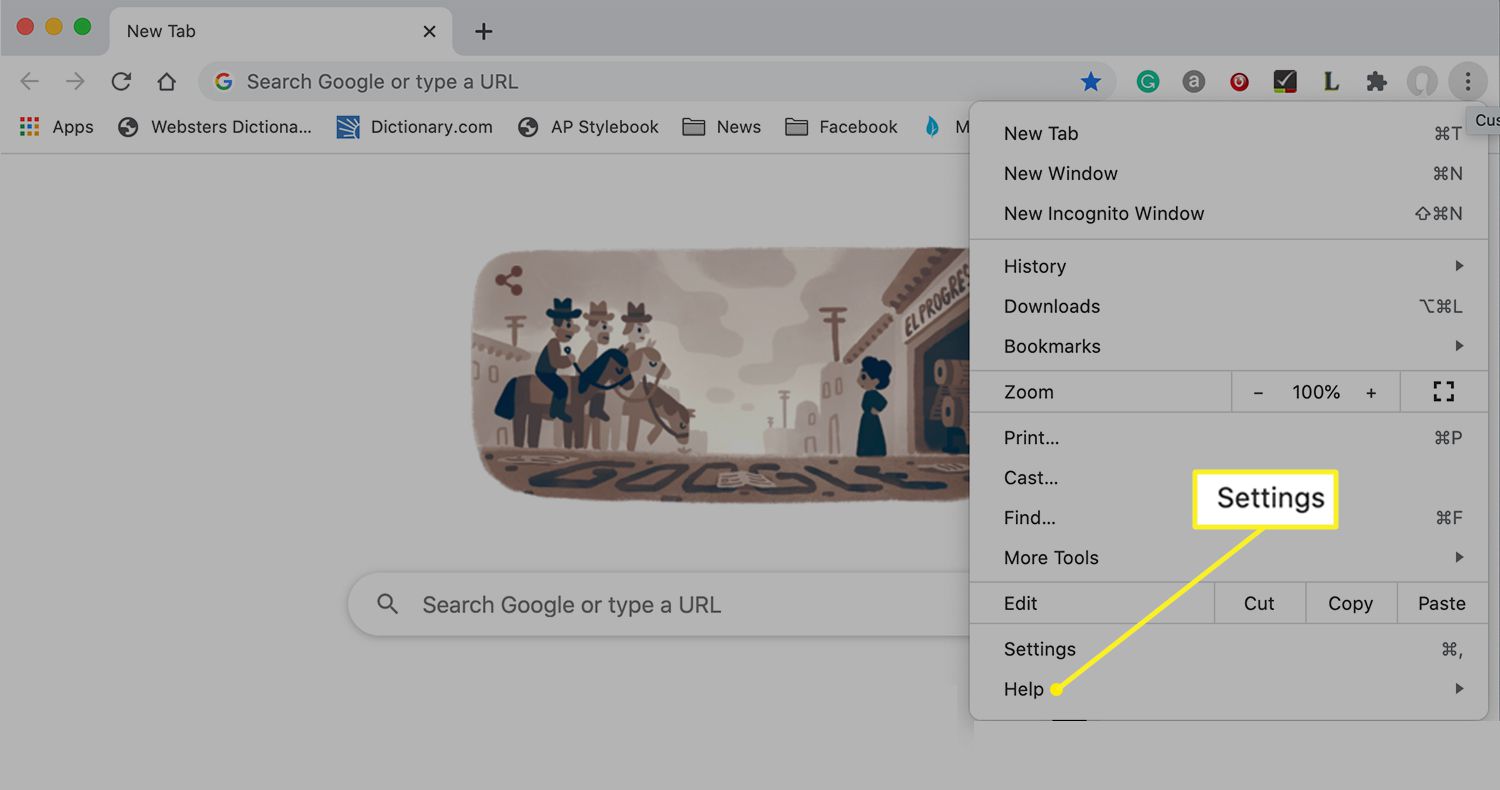 Prohlížeč Chrome se zvýrazněným nastavením v rozbalovací nabídce