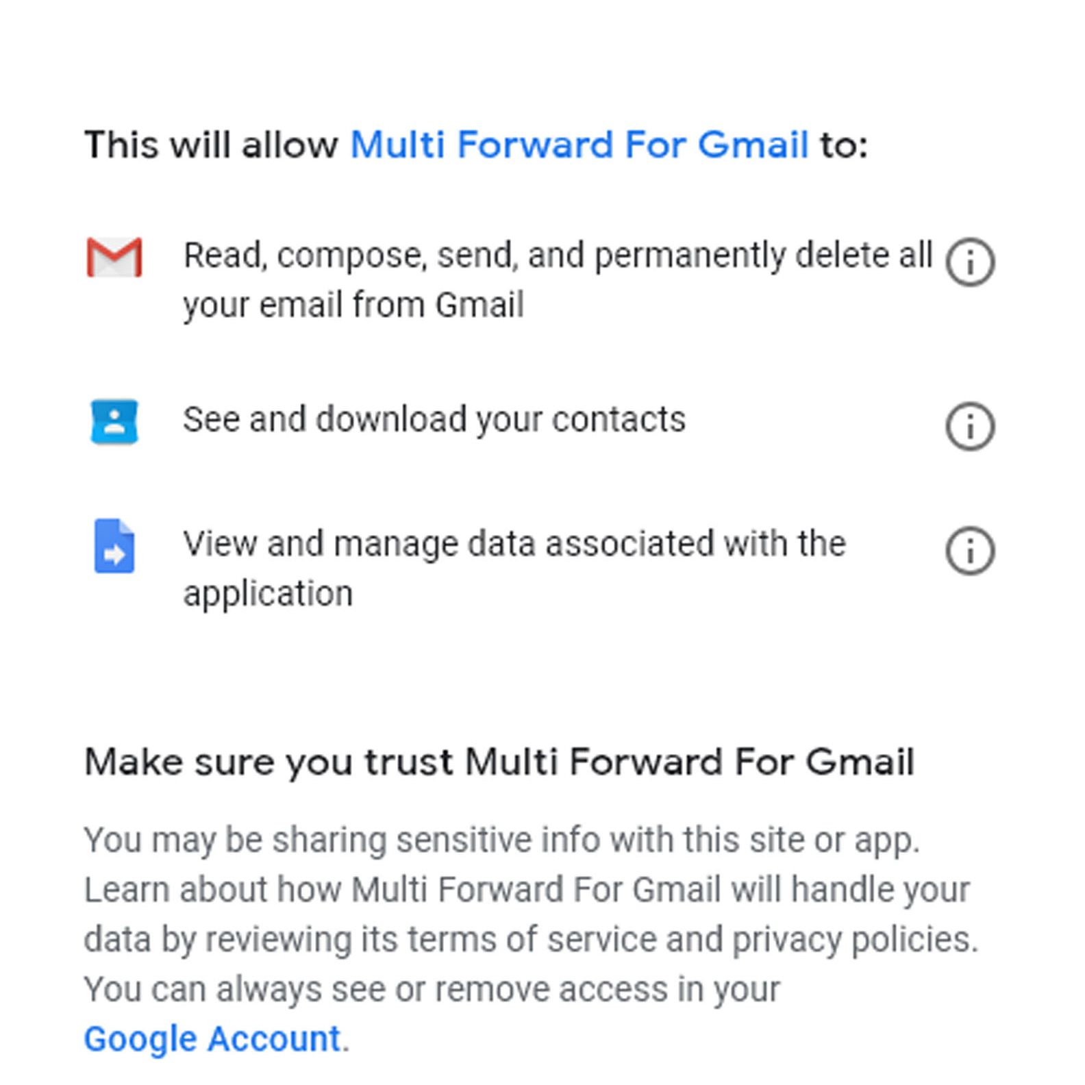 Rozšíření Multi Forward pro Gmail zobrazuje obrazovku, která popisuje, co je povoleno dělat.