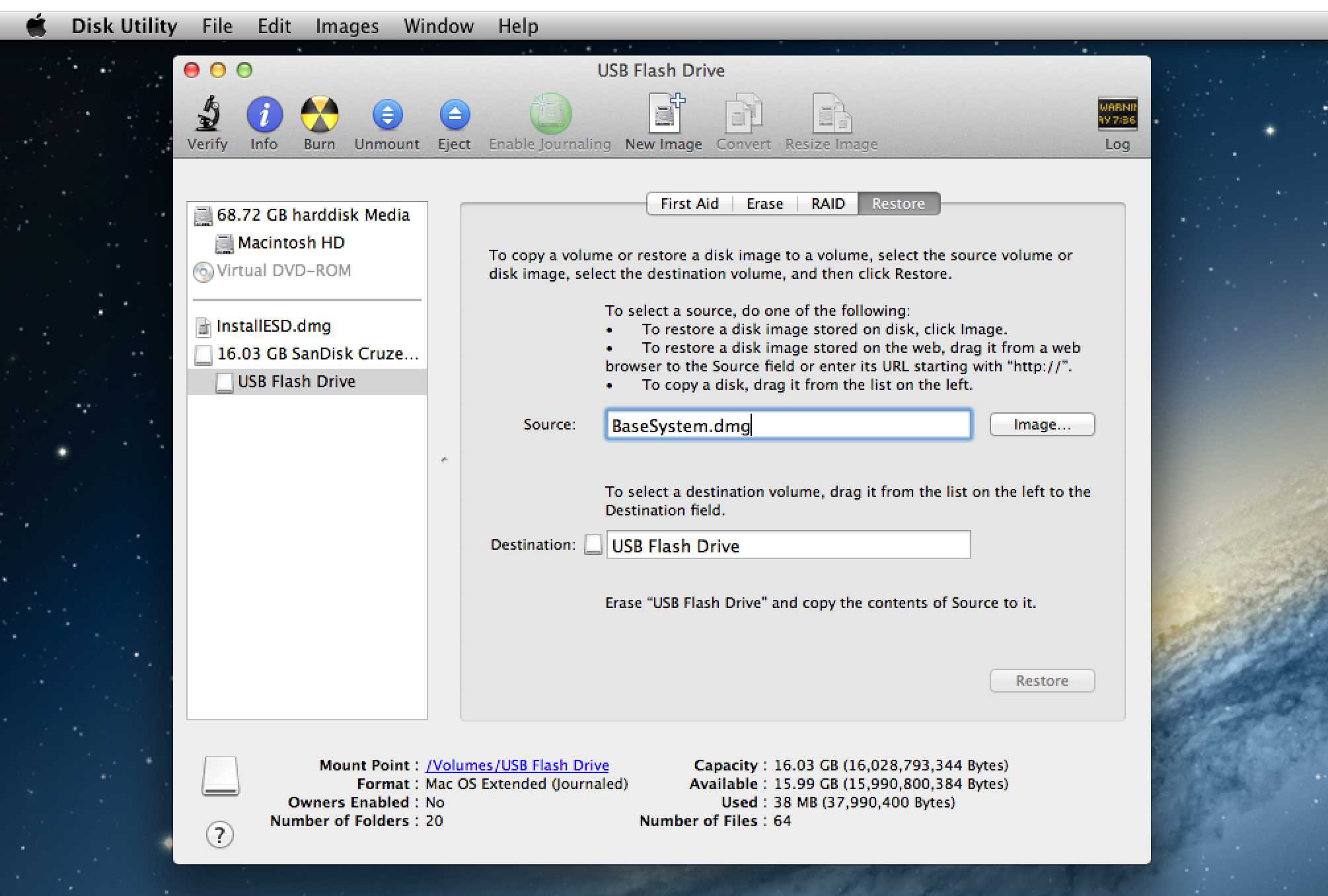 Disk Utility Restore slouží ke klonování instalačního programu OS X Mavericks