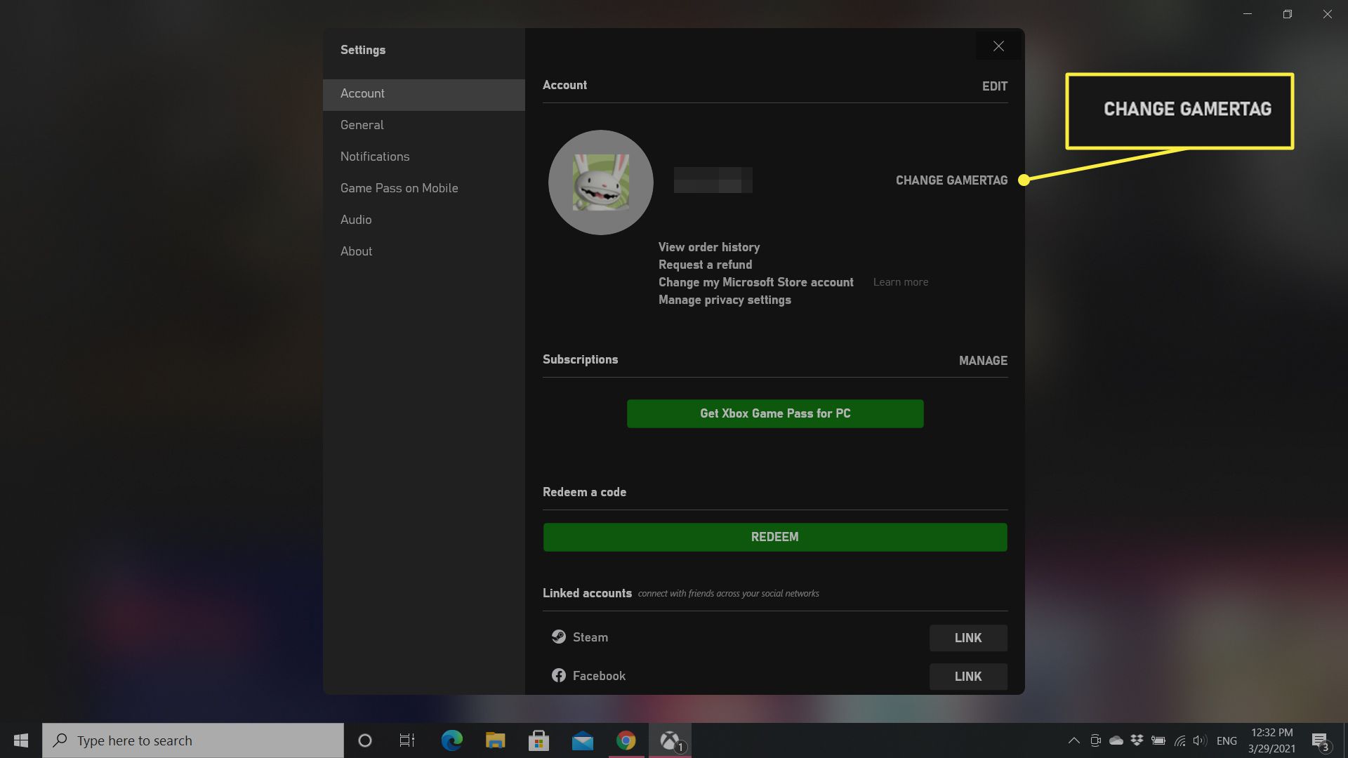 Profil osoby v aplikaci Xbox pro Windows 10 se zvýrazněnou možností Změnit jmenovku hráče