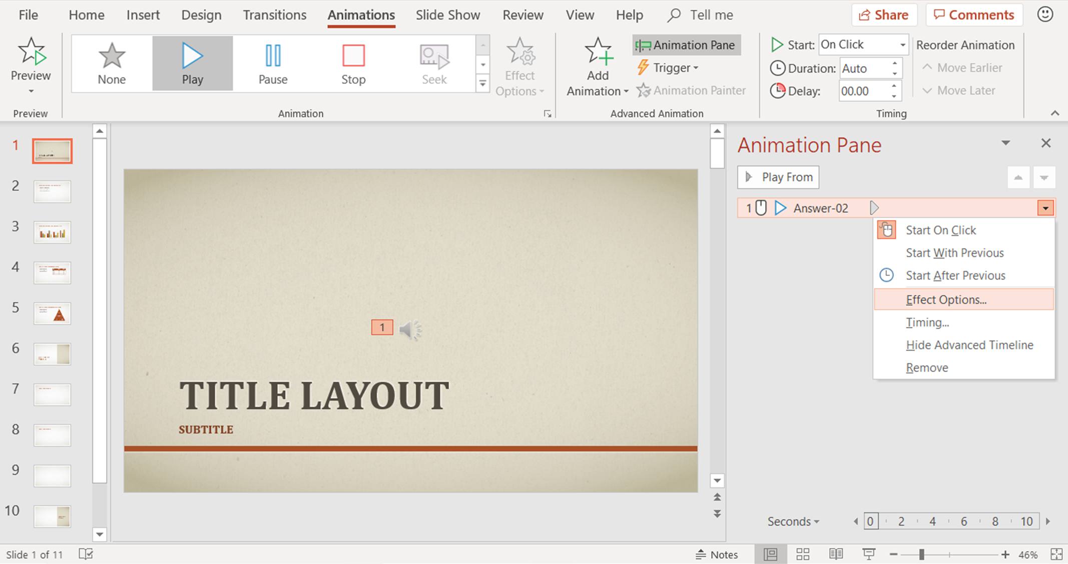 Screenshot ukazující, jak přidat efekt do hudební animace aplikace PowerPoint