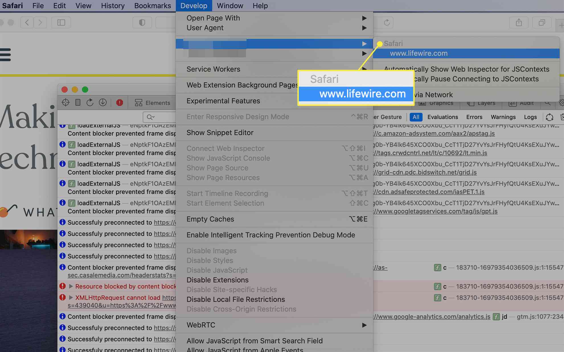 Safari Mobile Web Inspector aktivovaný z nabídky Vývoj v systému macOS