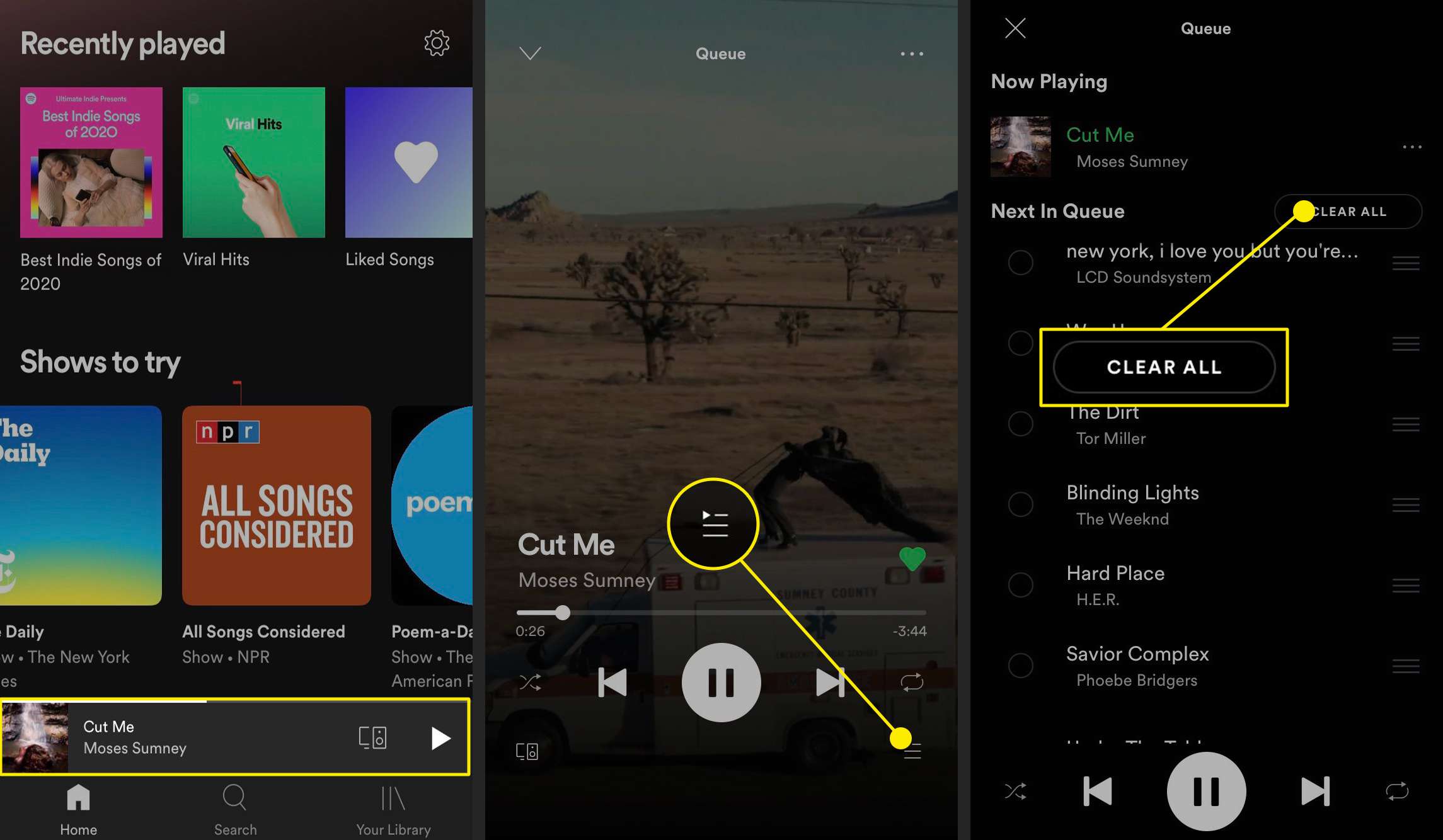Screenshoty ukazující, jak vyčistit frontu na Spotify Mobile.