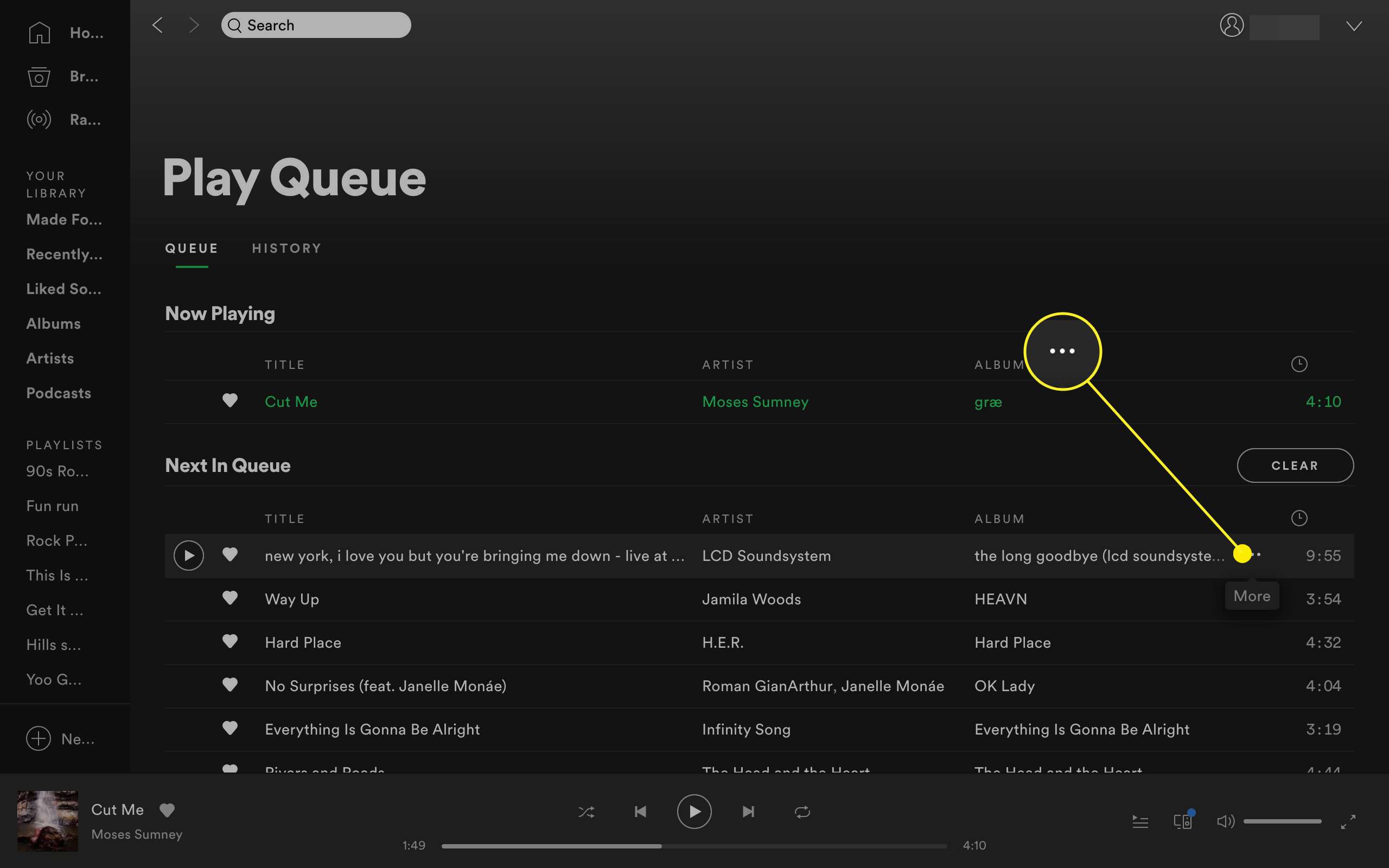 Další možnosti pro vybranou stopu na ploše Spotify