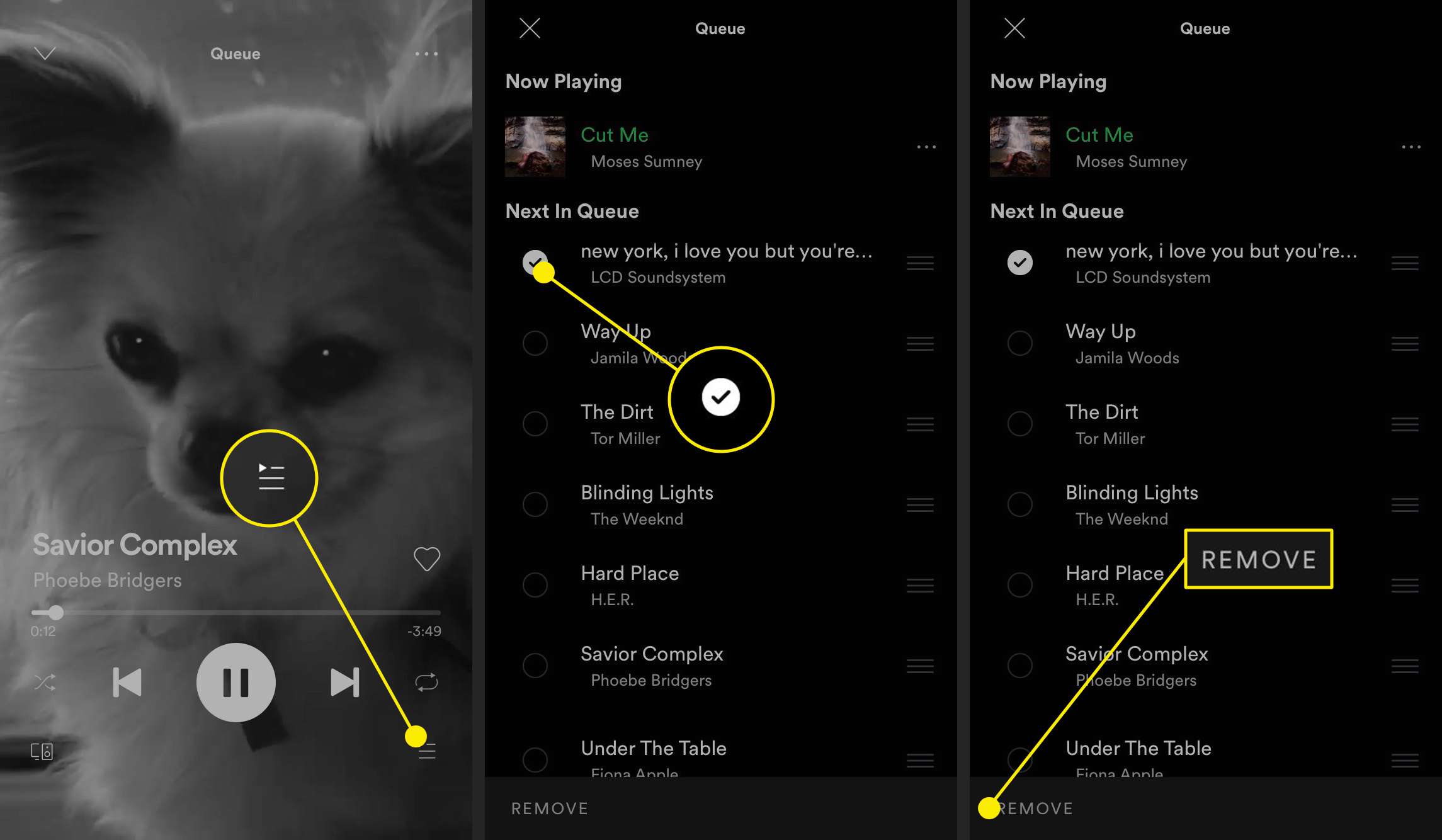 Screenshoty ukazující, jak odstranit jednotlivé položky z fronty v Spotify.