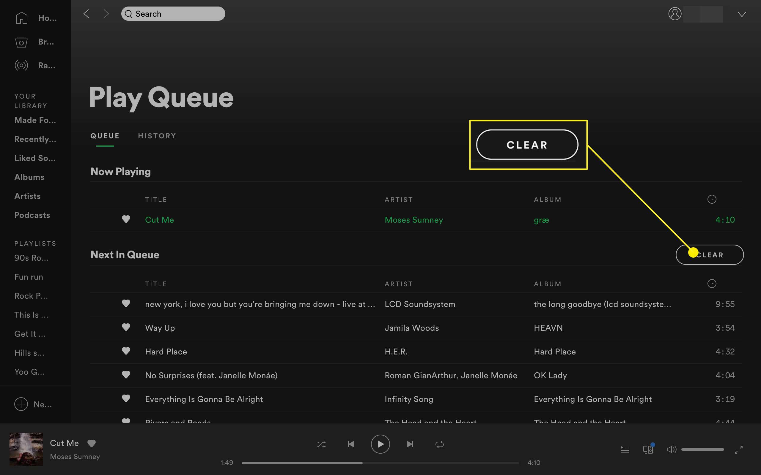 Tlačítko Vymazat frontu v desktopové aplikaci Spotify