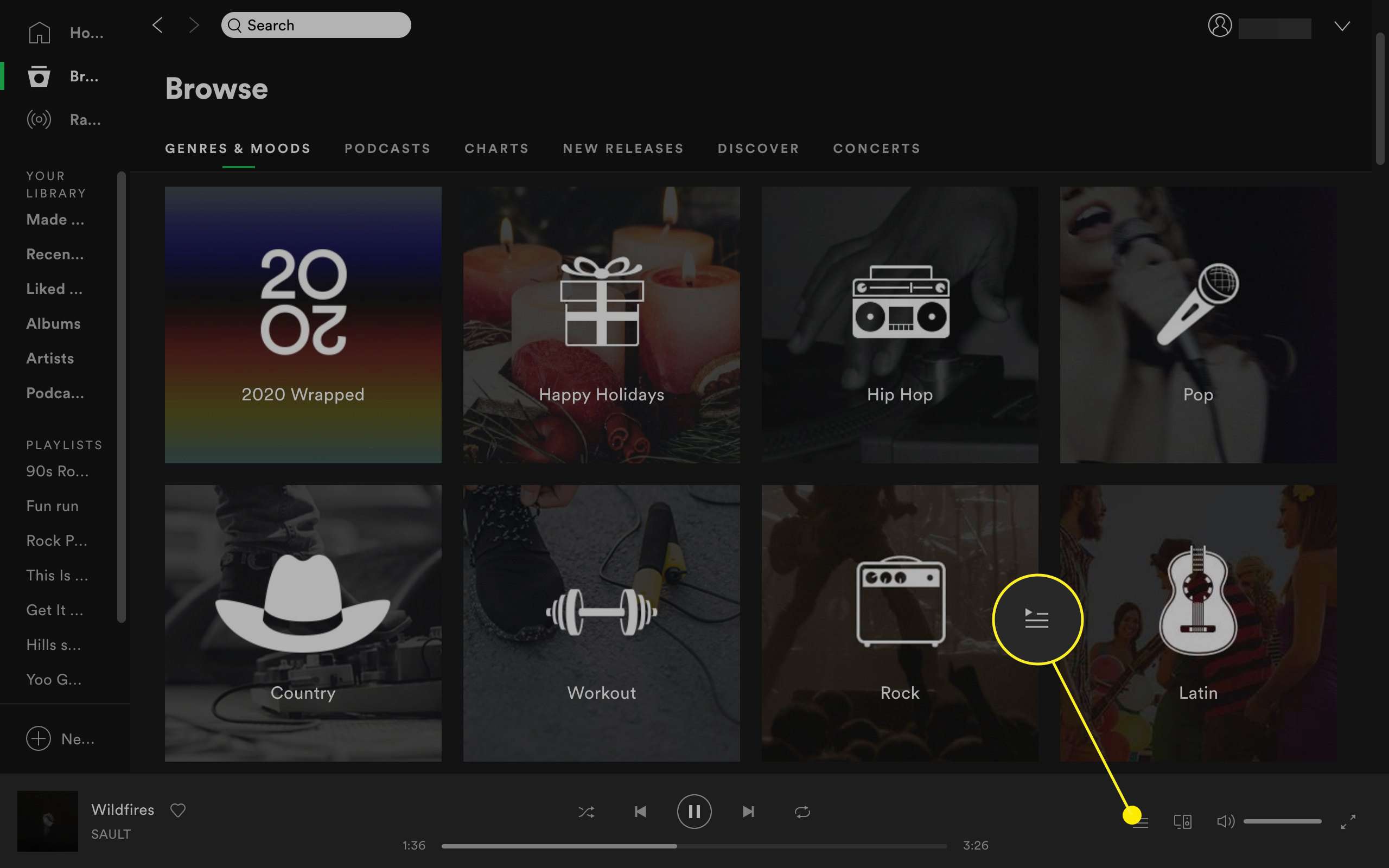 Tlačítko přehrávání a fronta v desktopové aplikaci Spotify