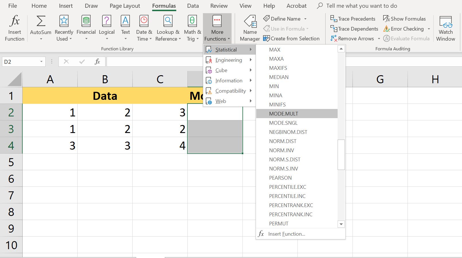 Rozevírací nabídka aplikace Excel's More Function zobrazující statistické vzorce.