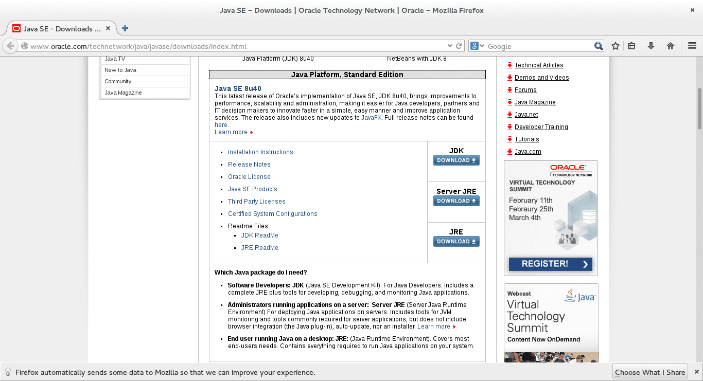 Oracle Java Runtime Na snímku obrazovky Fedory