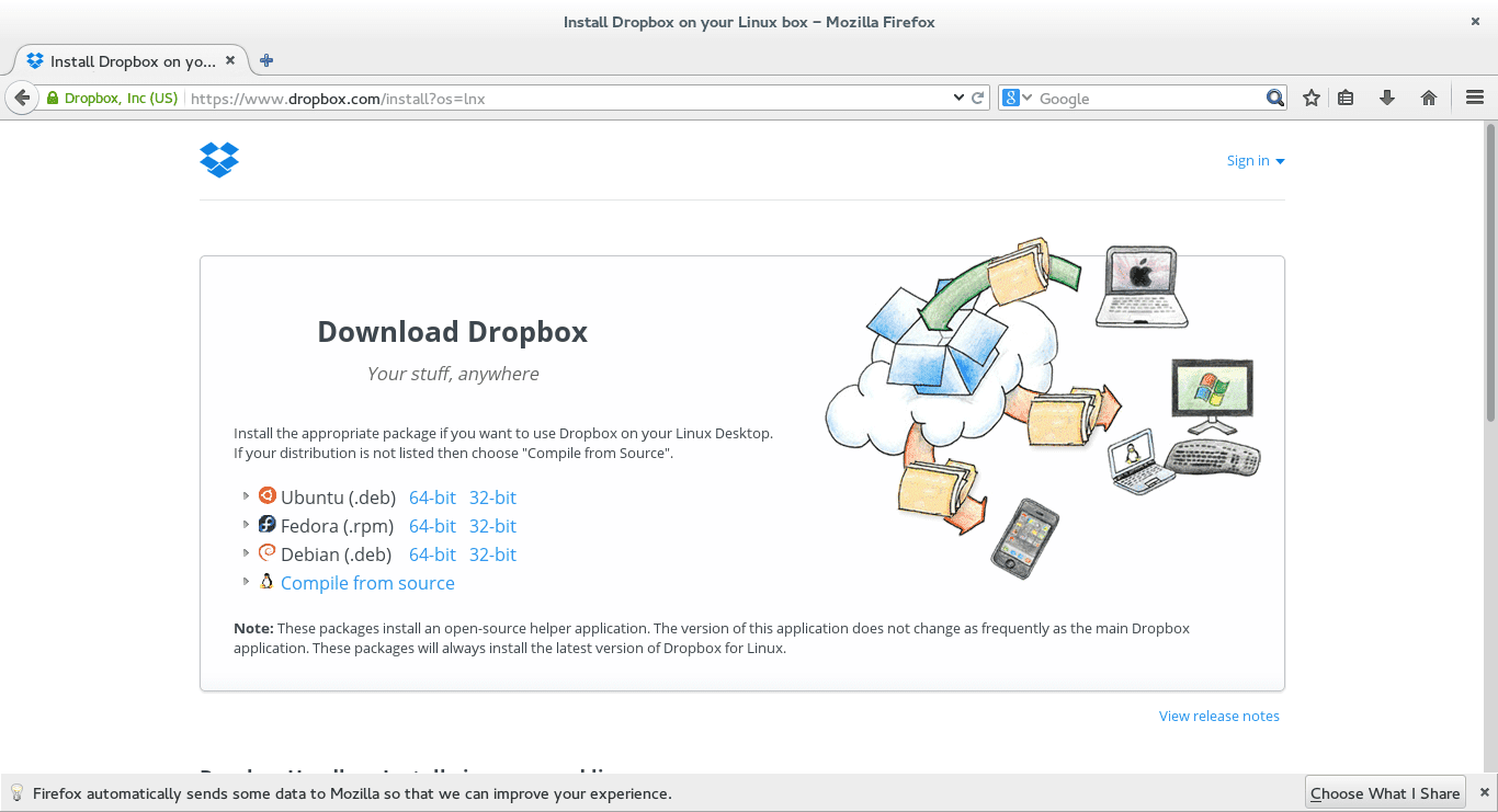 Nainstalujte si snímek obrazovky Dropbox Within Fedora