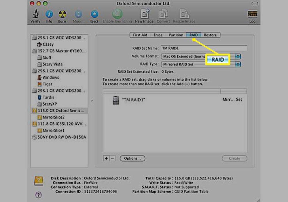 Záložka RAID zvýrazněná v Mac Disk Utility