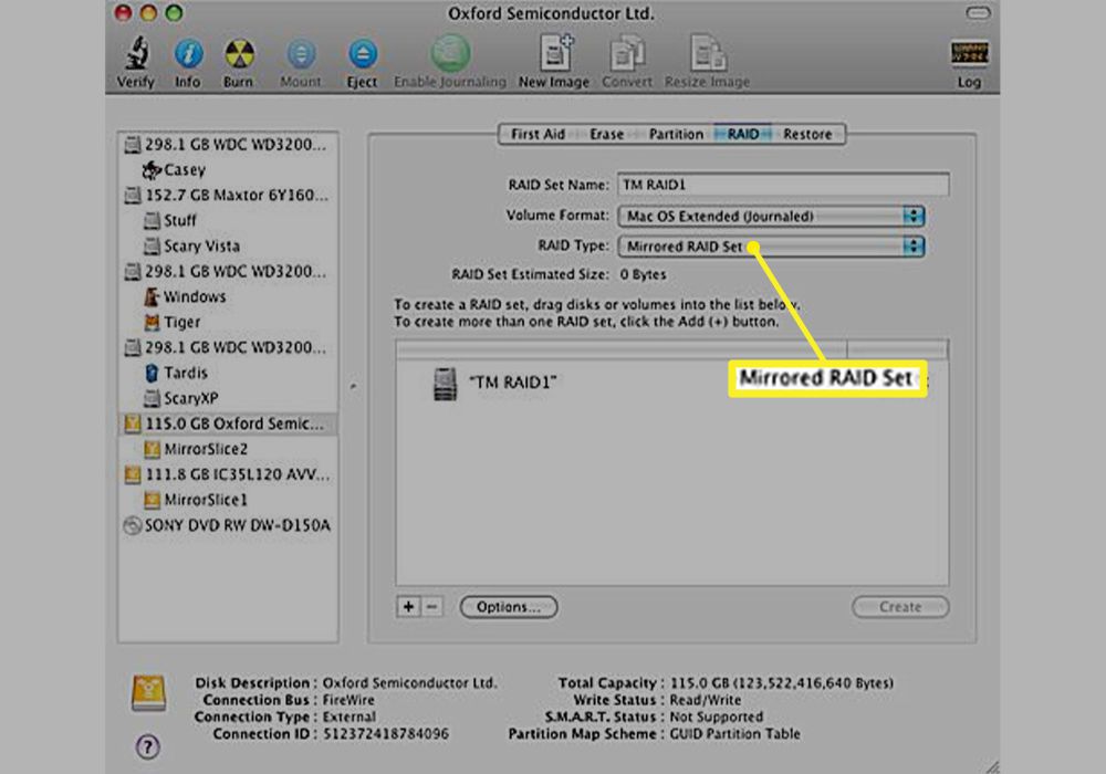 Zvolená zrcadlená sada RAID a typ RAID v Disk Utility