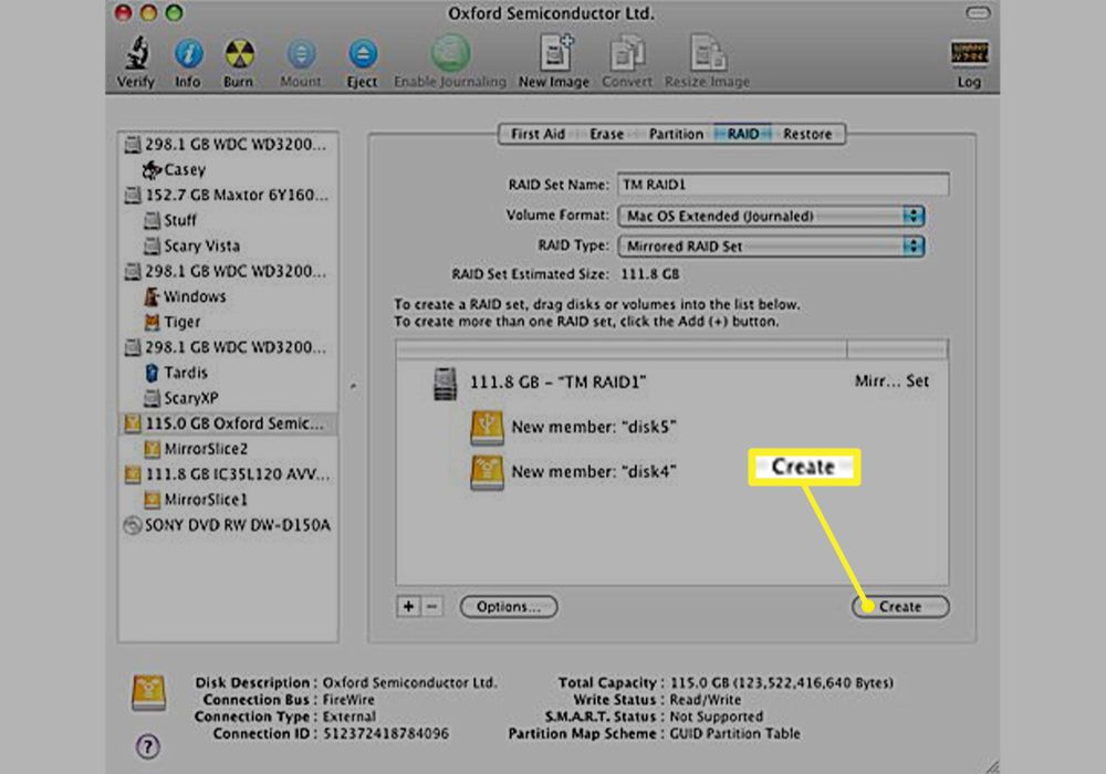 Karta Disk Utility RAID se zvýrazněnou položkou Vytvořit