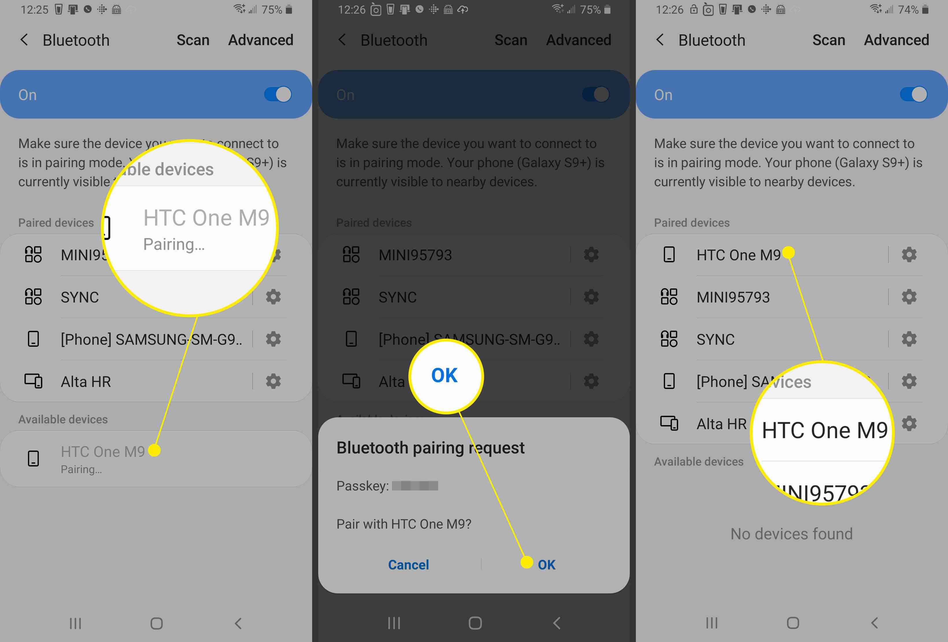Screenshoty zařízení Android ukazující, jak se připojit k jinému zařízení přes Bluetooth