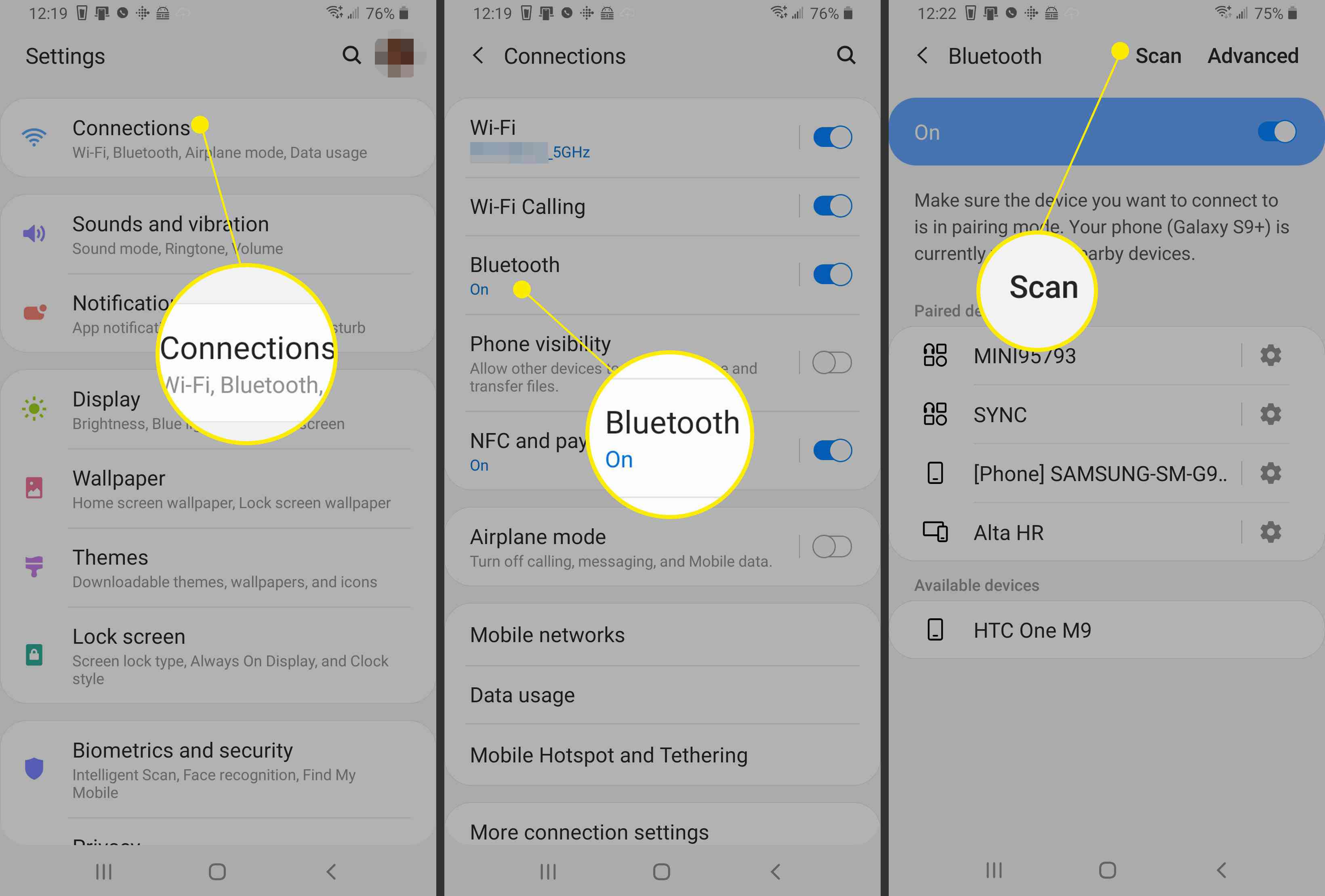 Screenshoty telefonu Android ukazující cestu ke skenování zařízení Bluetooth