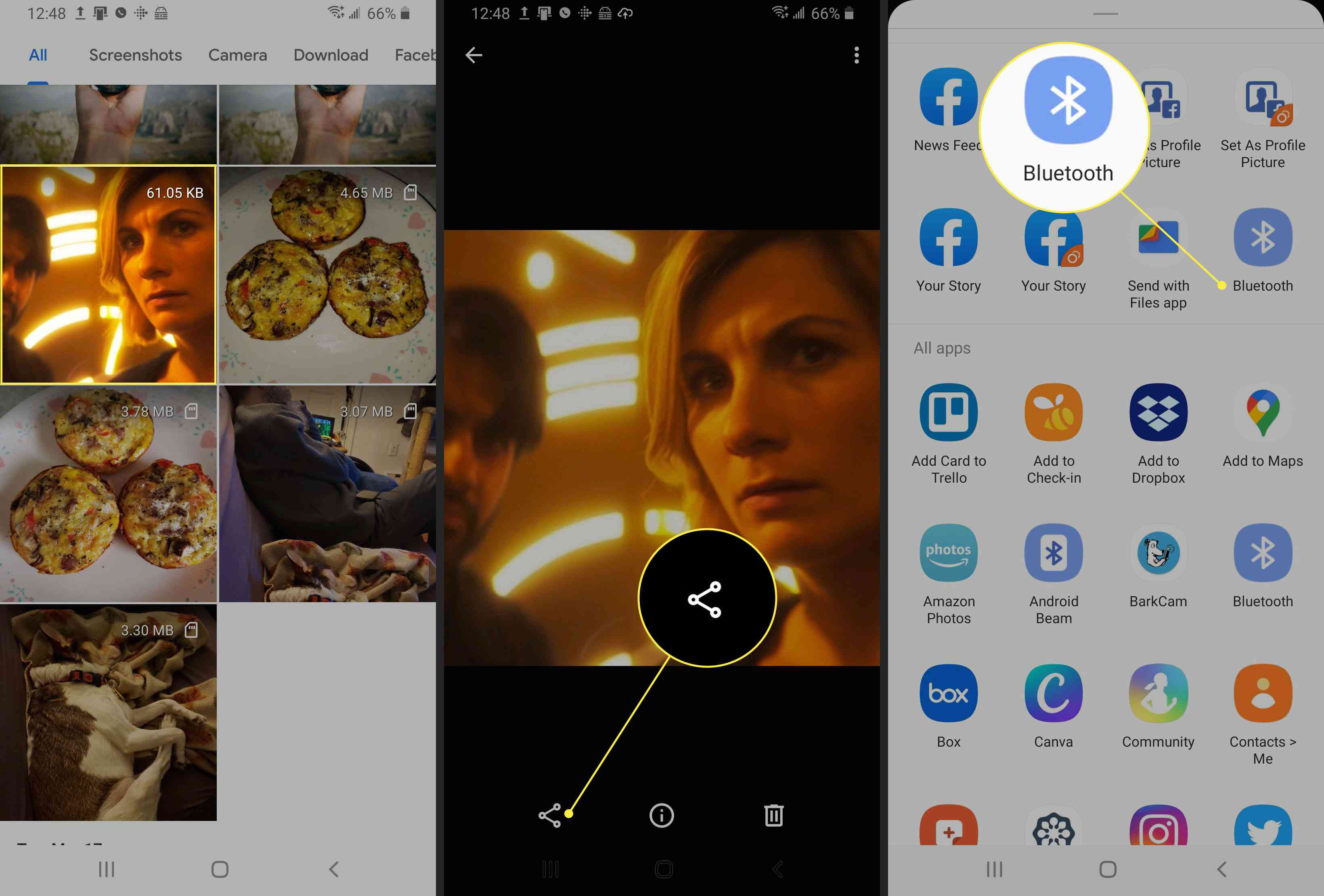 Screenshoty z telefonu Android ukazující, jak sdílet soubor přes Bluetooth