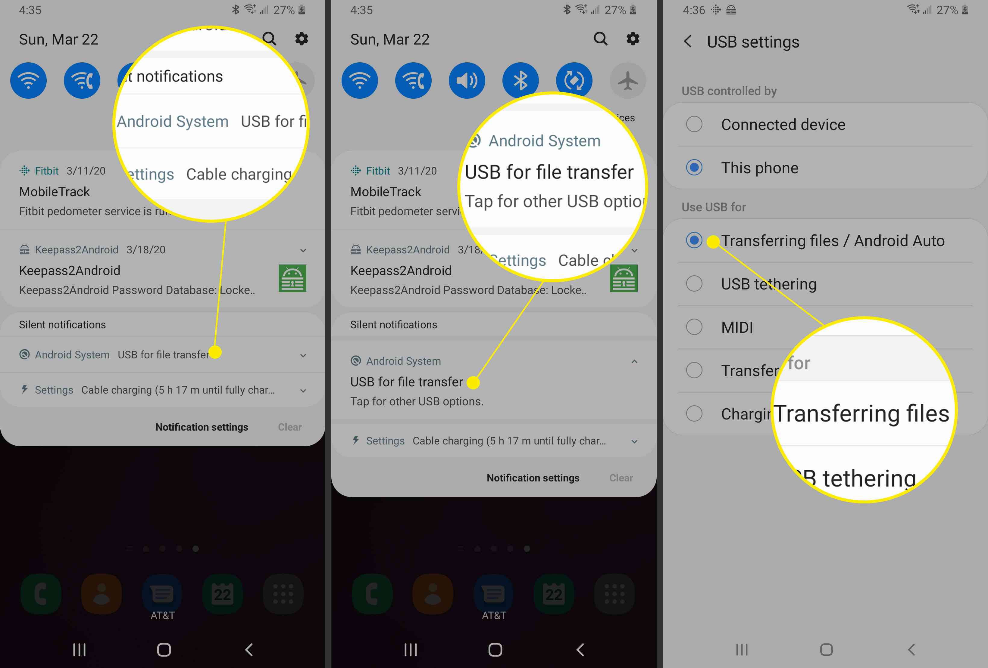 Screenshoty ze zařízení Android ukazující, jak nastavit nastavení sdílení USB